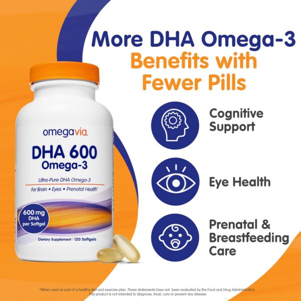 Frasco del suplemento omega-3 OmegaVia DHA 600 mg