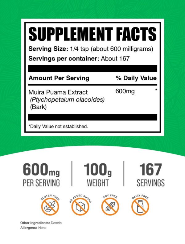 Frasco suplemento polvo Muira Puama 600mg por porción