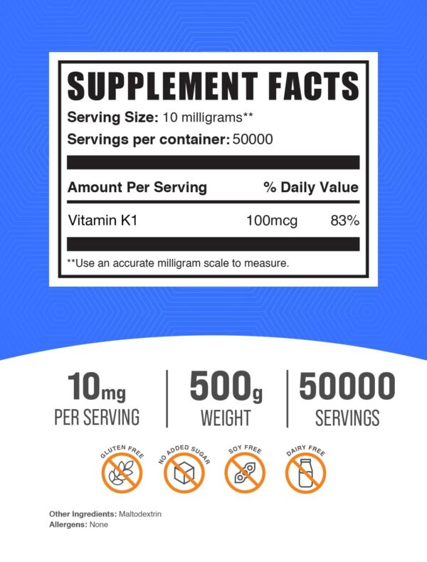 Frasco de suplemento polvo vitamina k1 bulkSupplements 500 gramos