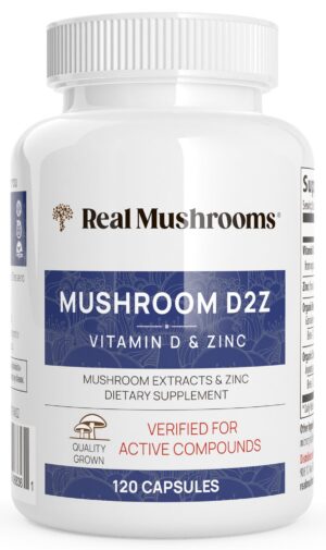 Frasco suplemento Real Mushrooms Zinc y vitamina D2 120 cápsulas