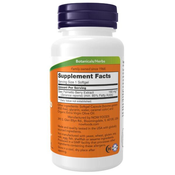 Frasco de suplemento Saw Palmetto para salud masculina NOW Foods