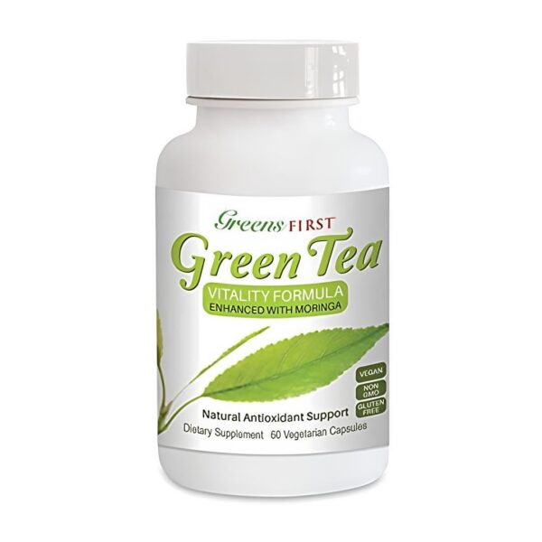 Frasco suplemento té verde y moringa Greens First 60 cápsulas