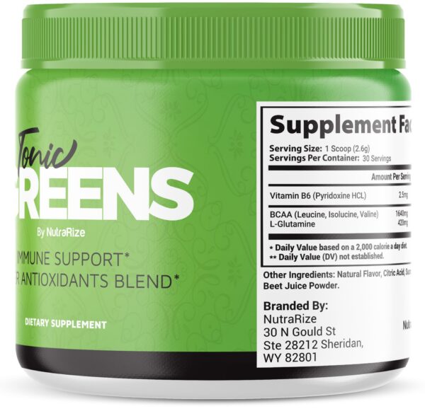 Frasco de suplemento verde Tonic Greens para bienestar