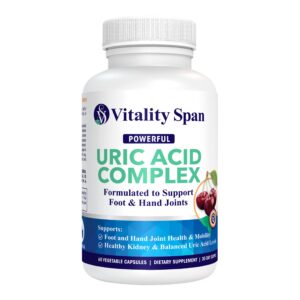 Frasco suplemento Vitality Span limpieza ácido úrico 60 cápsulas