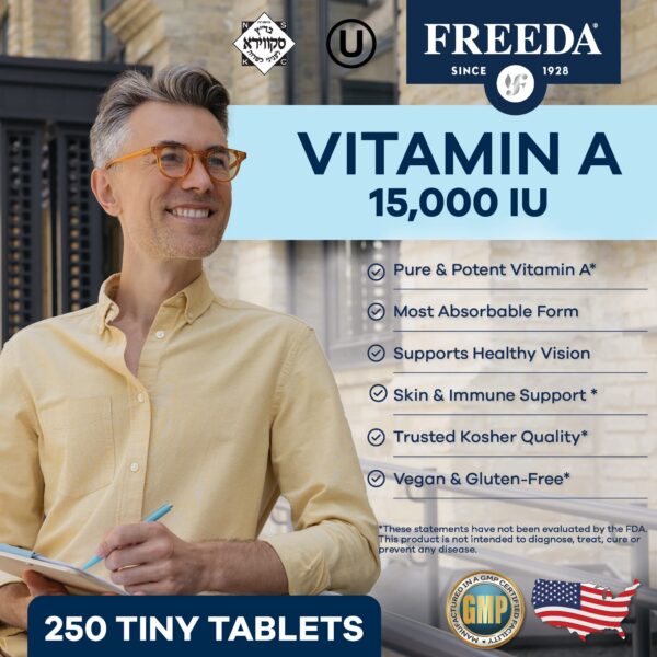 Frasco de suplemento Vitamina A palmitato Freeda 250 tabletas