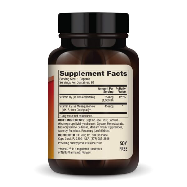 Frasco de suplemento vitamina D3 y K2 Dr. Mercola 30 cápsulas