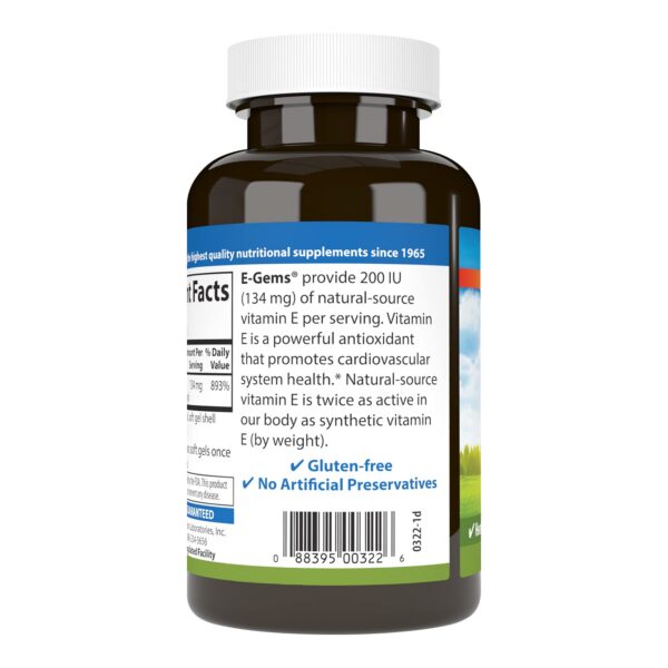 Frasco de suplemento vitamina e natural Carlson E-Gems 200 iu