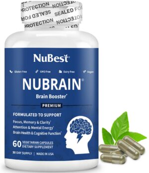 Frasco de suplementos NuBrain Booster para memoria y claridad mental