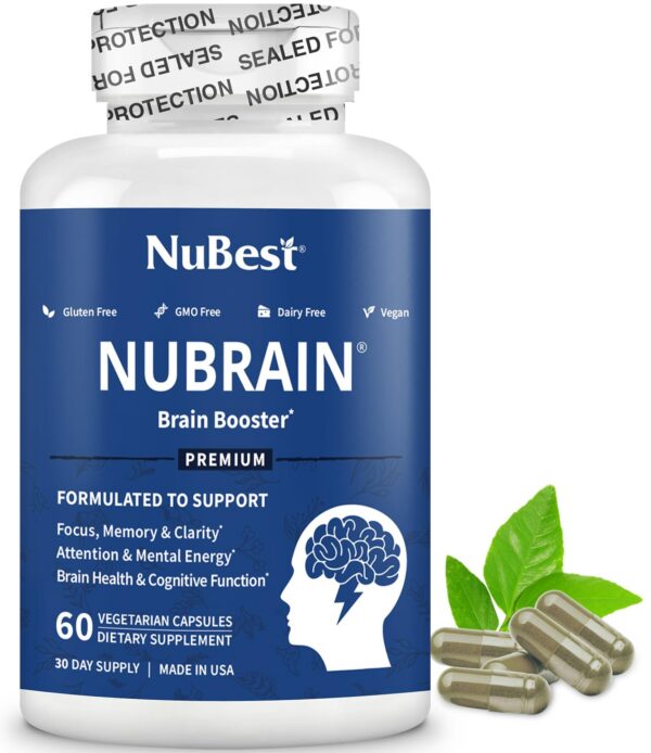 Frasco de suplementos NuBrain Booster para memoria y claridad mental