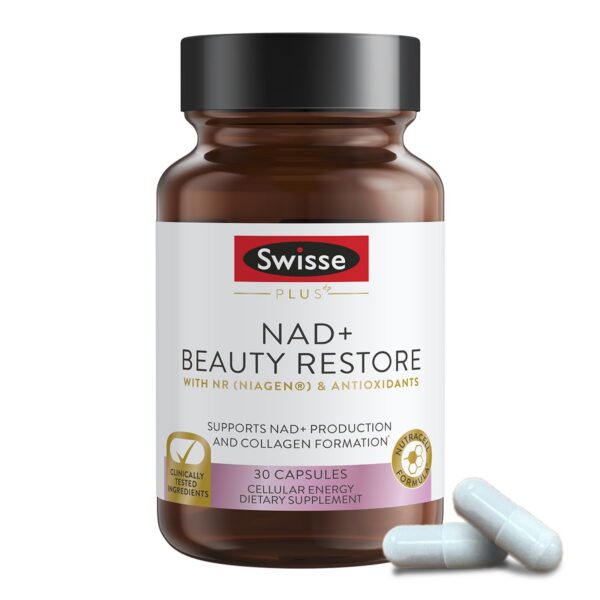 Frasco Swisse Plus NAD+ Beauty Restore suplemento antiedad y colágeno