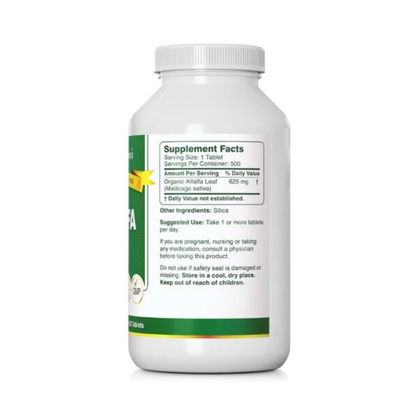 Frasco de tabletas alfalfa Bernard Jensen 625mg vista lateral