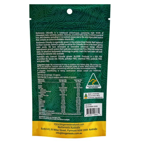 Version 1.0.0 Frasco de tabletas chlorella BioGenesis vista lateral