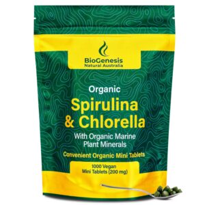 Frasco de tabletas de espirulina y chlorella orgánicas Biogenesis