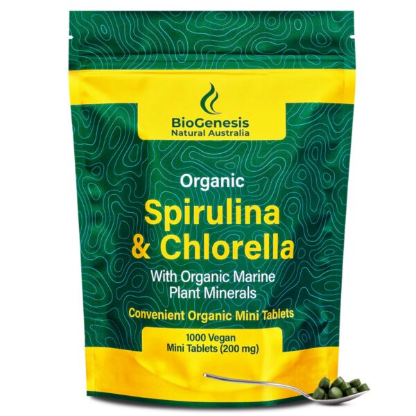 Frasco de tabletas de espirulina y chlorella orgánicas Biogenesis