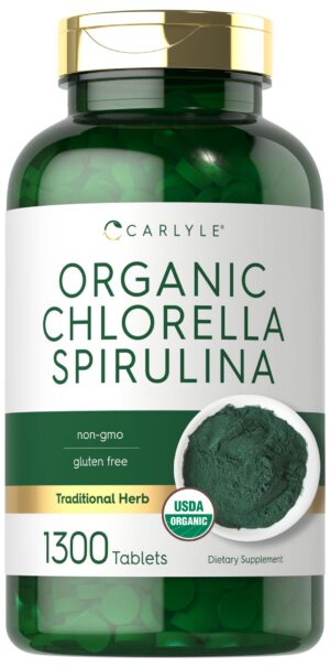 Frasco de tabletas orgánicas Carlyle chlorella spirulina 1300 unidades