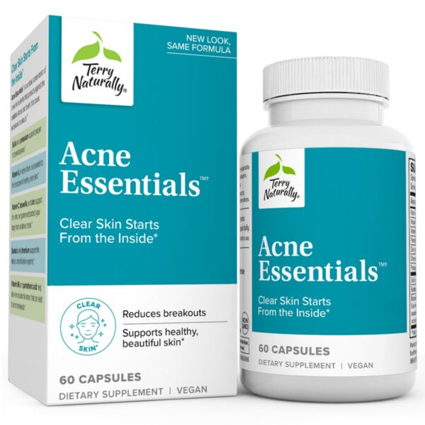 Frasco Terry Naturally Acne Essentials con 60 cápsulas para piel sana