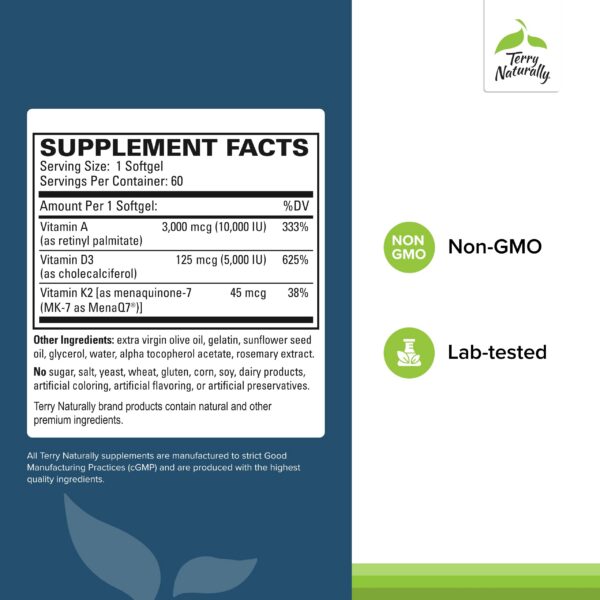 Frasco Terry Naturally vitamina A D3 K2 para salud inmunológica