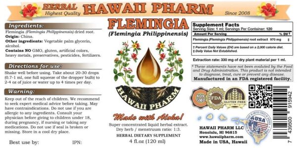 Frasco de tintura herbal de raíz seca Flemingia 2 oz Hawaii Pharm