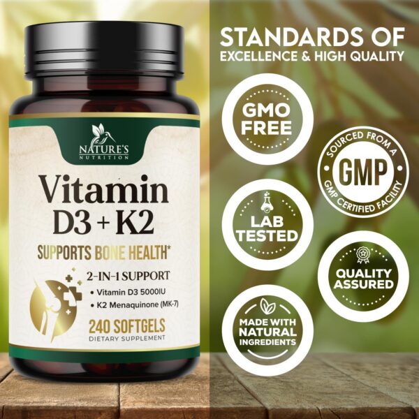 Frasco transparente Nature's Nutrition vitamina d3 k2 240 cápsulas