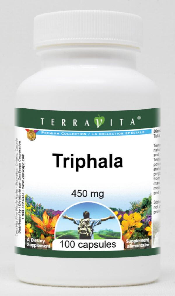 Frasco Triphala 450 mg 100 cápsulas TerraVita sin rellenos