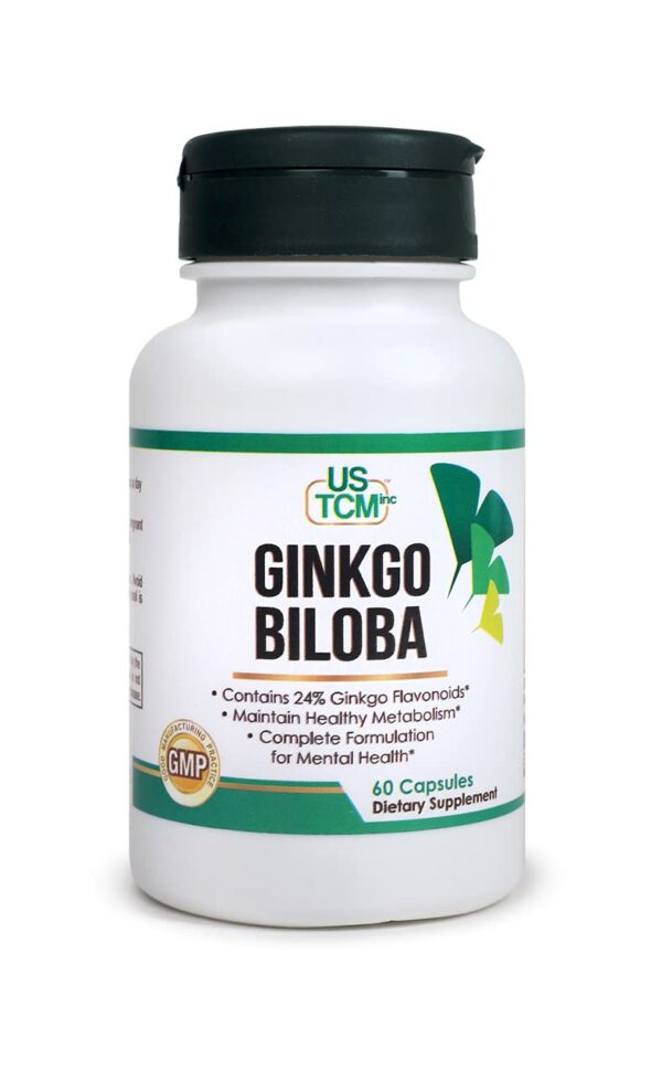 Frasco USTCM Ginkgo Biloba suplemento 60 cápsulas metabolismo saludable