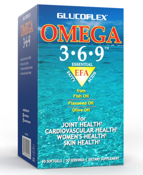 Frasco de vGlucoflex Omega 3-6-9 etiqueta frontal
