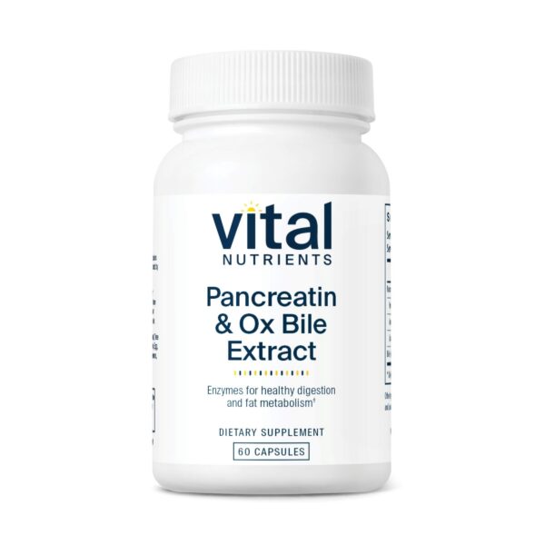 Frasco de suplemento Vital Nutrients pancreatina y bilis de buey 500mg