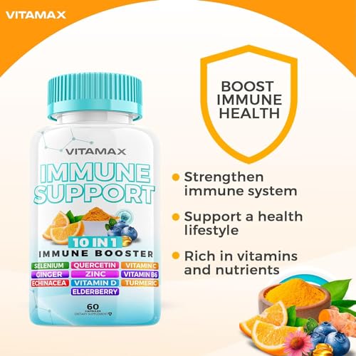 Frasco de Vitamax Immune System Defense junto a cápsulas sueltas