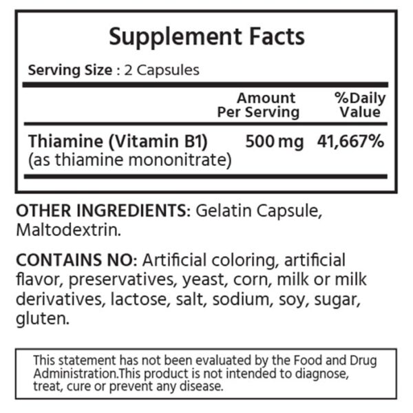 Frasco de Vitamina B1 ML Naturals 500mg 120 cápsulas