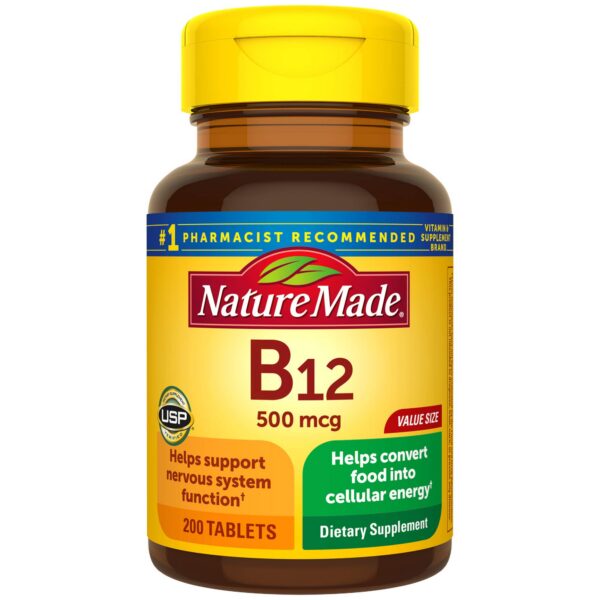 Frasco de vitamina b12 500 mcg nature made 200 tabletas