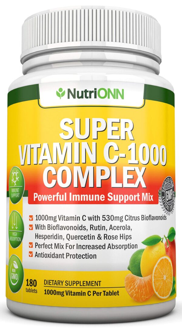 Frasco de vitaminas C complejo NutriONN 180 tabletas