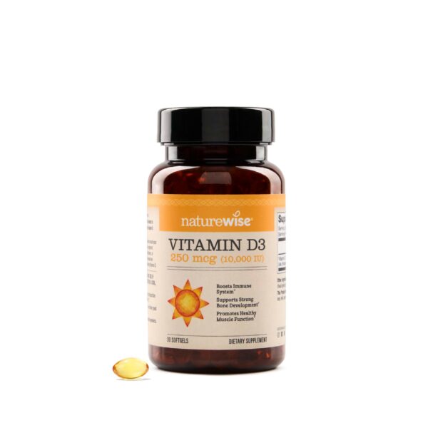 Frasco vitamina D3 10000 IU en aceite de oliva NatureWise 30 softgels