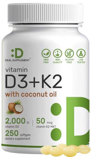Frasco de vitamina D3 2000 UI con K2 MK7 DEAL SUPPLEMENT 250 cápsulas