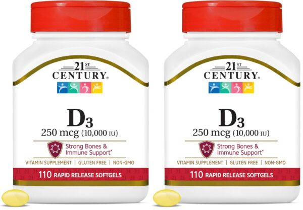 Frasco de Vitamina D3 250 mcg con etiqueta frontal