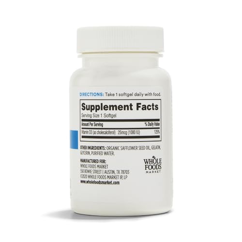 Frasco de vitamina D3 365 Whole Foods Market 250 cápsulas blandas