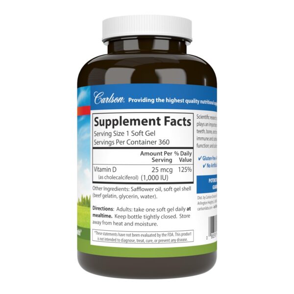 Frasco de vitamina d3 carlson 360 cápsulas blandas