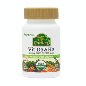 Frasco vitamina D3 K2 vegana Natures Plus 60 cápsulas