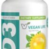 Frasco de vitamina d3 vegana Vegan Life Nutrition 5000 UI 60 cápsulas