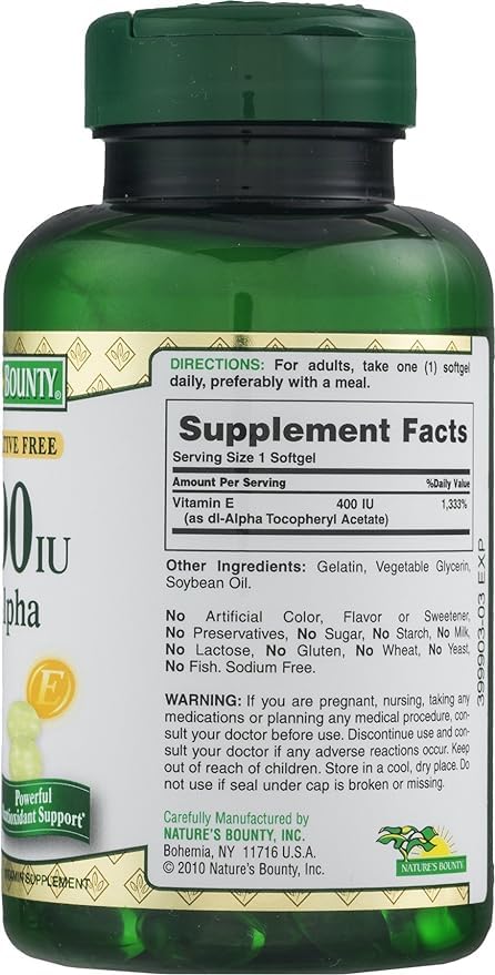 Frasco vitamina E 400 UI Nature's Bounty softgels
