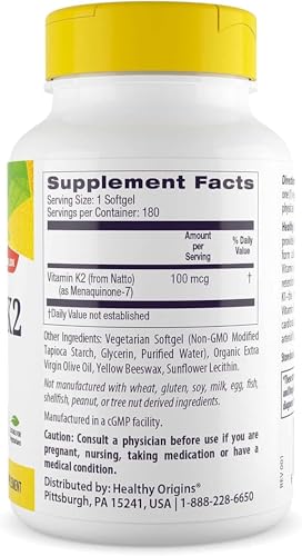 Frasco vitamina K2 MK-7 Healthy Origins para salud cardiovascular y huesos