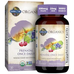 Frasco de vitamina prenatal orgánica Garden of Life con folato