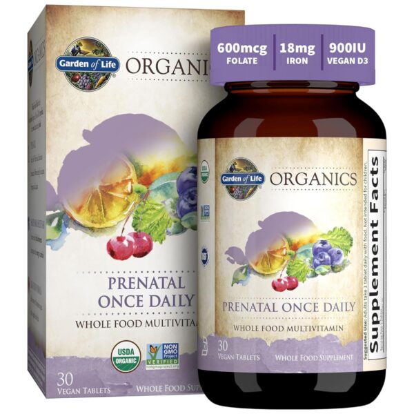 Frasco de vitamina prenatal orgánica Garden of Life con folato