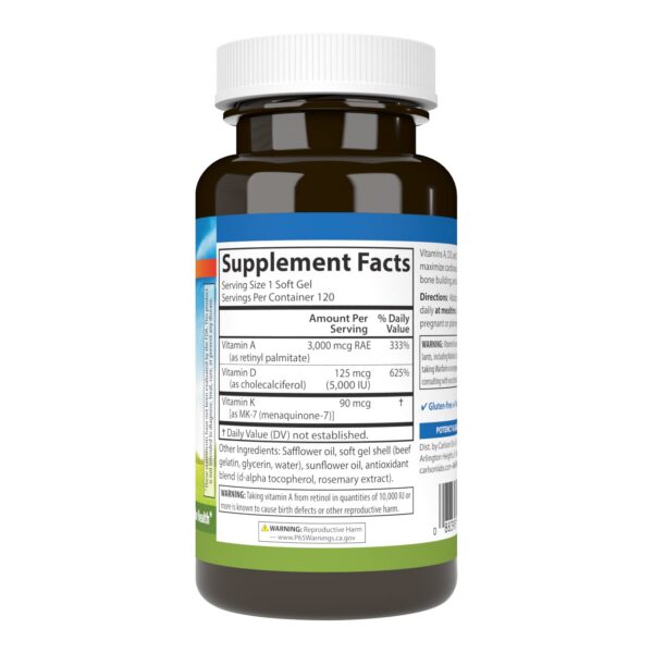Frasco de vitaminas a d3 k2 carlson 120 cápsulas blandas