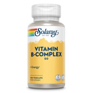 Frasco de vitaminas B complejo Solaray en cápsulas veganas