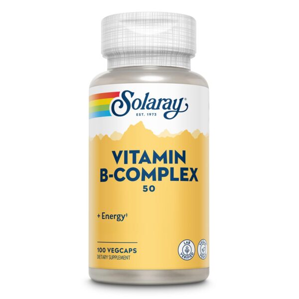 Frasco de vitaminas B complejo Solaray en cápsulas veganas