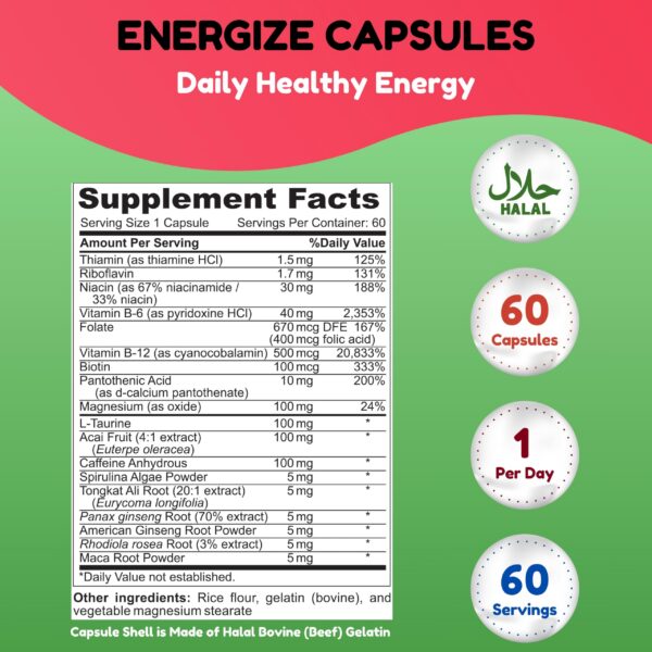 Frasco de vitaminas Energize con cafeína y taurina
