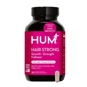 Frasco de cápsulas vitaminas HUM Hair Strong para cabello salud