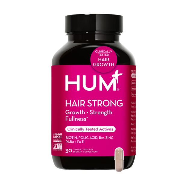 Frasco de cápsulas vitaminas HUM Hair Strong para cabello salud