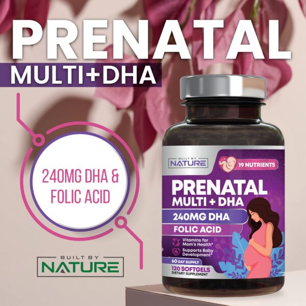 Frasco vitaminas prenatales DHA ácido fólico hierro omega 3