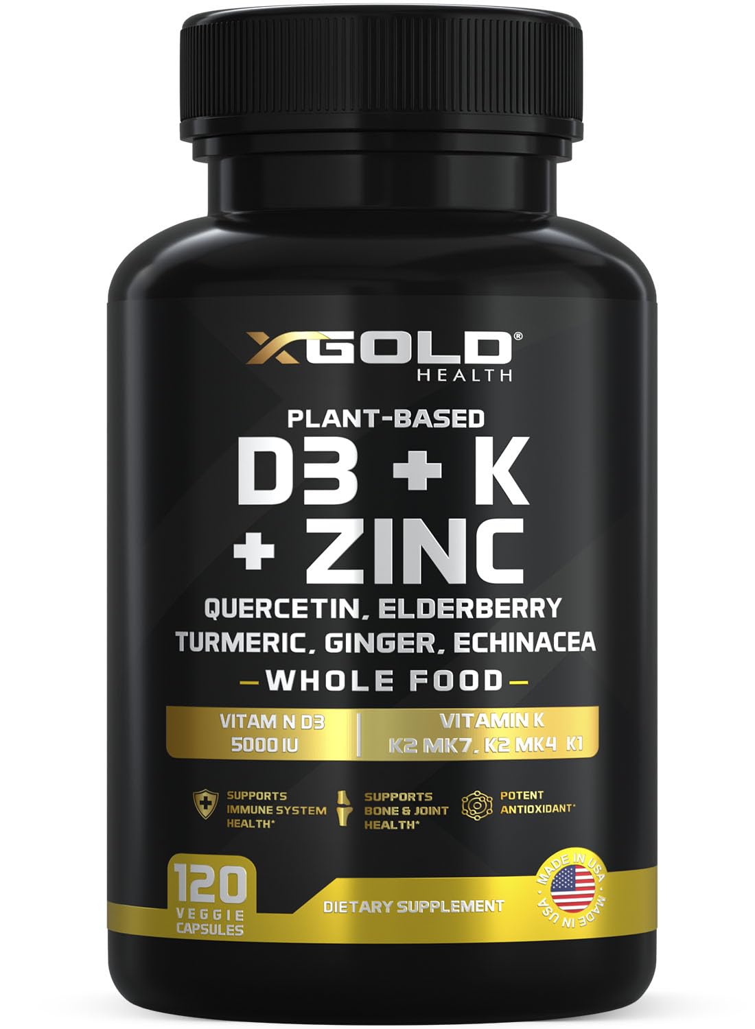 X Gold Health D3 5000 IU K2 MK7 MK4 K1 Zinc Quercetin Elderberry Echinacea Turmeric